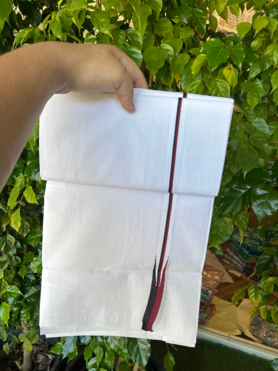 DMK Veshti - 20% DISCOUNT ! KaithariKada Balaramapuram 100% COTTON  Double PURE WHITE Mundu/Dhoti-100X100- 1 cm Puliyilakkara Maroon & Black Chutty - 23KK5043ASH