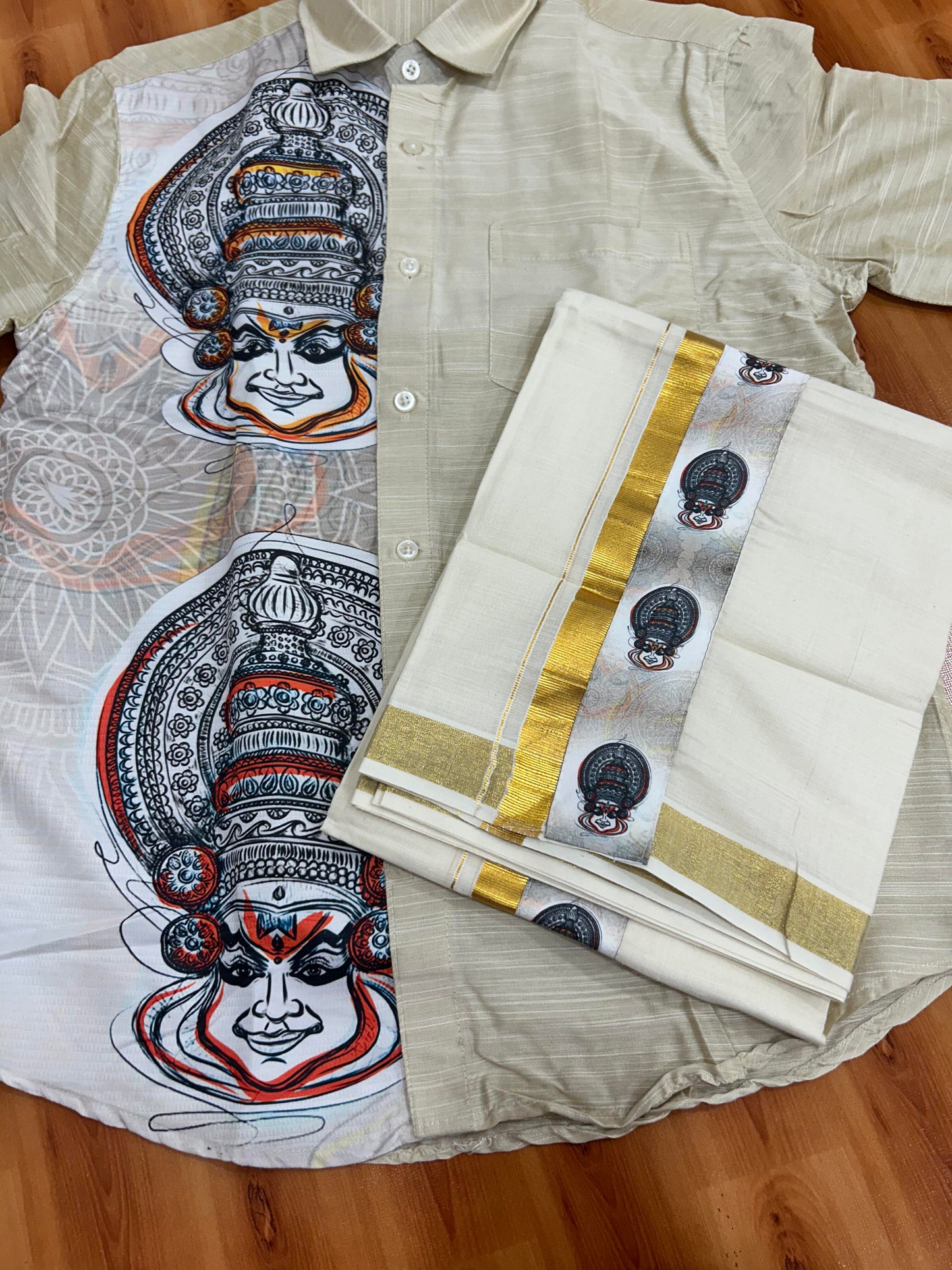 Combo Shirt Mund Mixed cotton - Half Sleeve - KaithariKada - Beige Kadhakali Printed Design - 8 KK5447 ARU