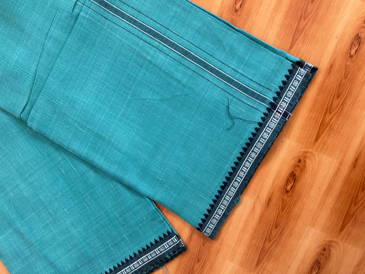 Premium Kathar Type Mund Pure cotton - Kaitharikada - Single Kaily / Lungi - 1 inch White & Black Stripes Kara kuppadam Border with Teal Green colour body (2 meter / 4 muzham) - 17 KK8079 MUT