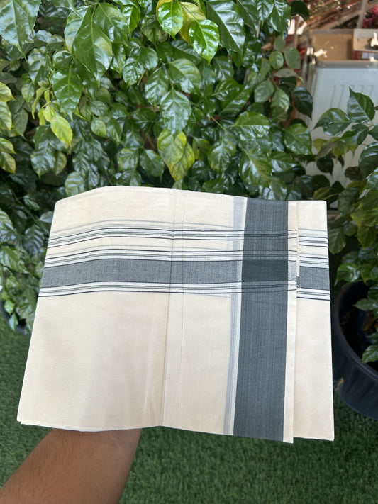 20% Discount! KaithariKada Balaramapuram 100% Cotton Double Off White Mundu/Dhoti- 100x80 - 1.75 inch Dark Sage Green Shaded Striped Kara 4 mtr (8.5 muzham) - 217 KK5361 PMC