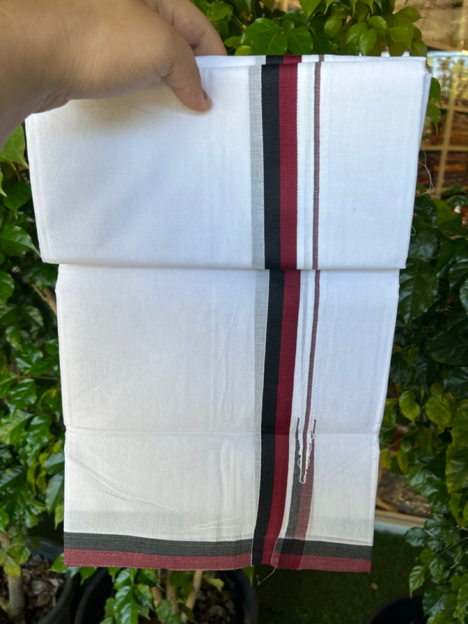 DMK Veshti - 20% Discount !! KaithariKada Balaramapuram Double PURE WHITE Mundu/Dhoti - 100X100 - 1 inch Puliyilakkara Maroon & Black Chutty Kara 3.75 mtr (8 muzham)- 50KK5224 ASH