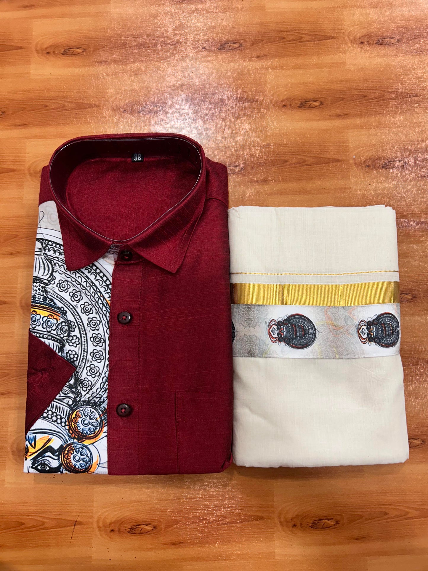 Combo Shirt Mund Mixed cotton - Half Sleeve - KaithariKada - Maroon Kadhakali Printed Design - 9 KK5447 ARU