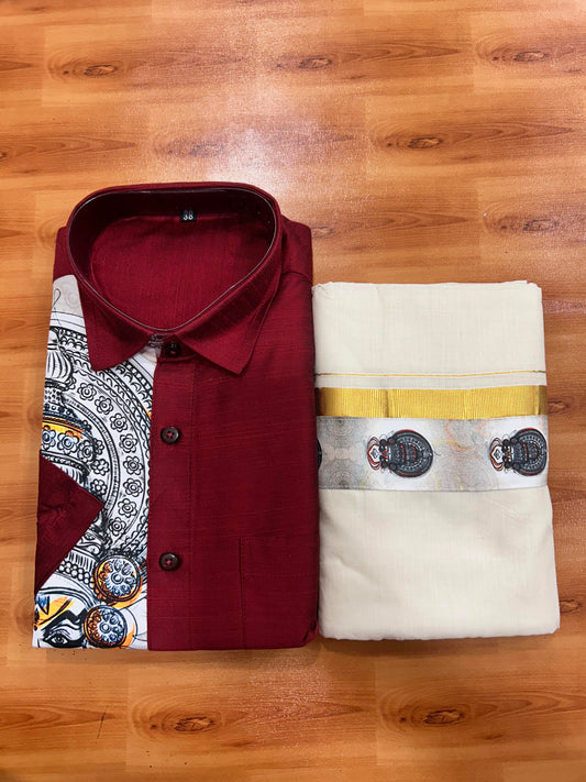 Combo Shirt Mund Mixed cotton - Half Sleeve - KaithariKada - Maroon Kadhakali Printed Design - 9 KK5447 ARU