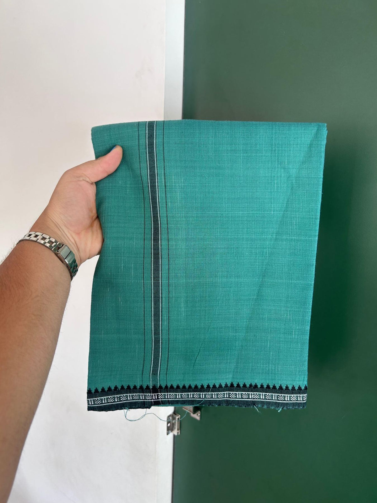 Premium Kathar Type Mund Pure cotton - Kaitharikada - Single Kaily / Lungi - 1 inch White & Black Stripes Kara kuppadam Border with Teal Green colour body (2 meter / 4 muzham) - 17 KK8079 MUT