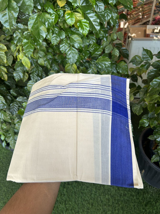 20% Discount! KaithariKada Balaramapuram 100% Cotton Double Off White Mundu/Dhoti- 100x80 -2 inch Blue Shaded Striped Kara 4 mtr (8.5 muzham) - 216 KK5361 PMC