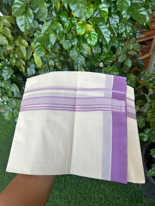 20% Discount ! KaithariKada Balaramapuram 100% Cotton Double Off White (unbleached) Mundu/Dhoti - 100x80 - 1.5 inch Silver Kasav & Pearly Lavender Striped Kara 4 mtr (8.5 muzham) - 148 KK5361 PMC