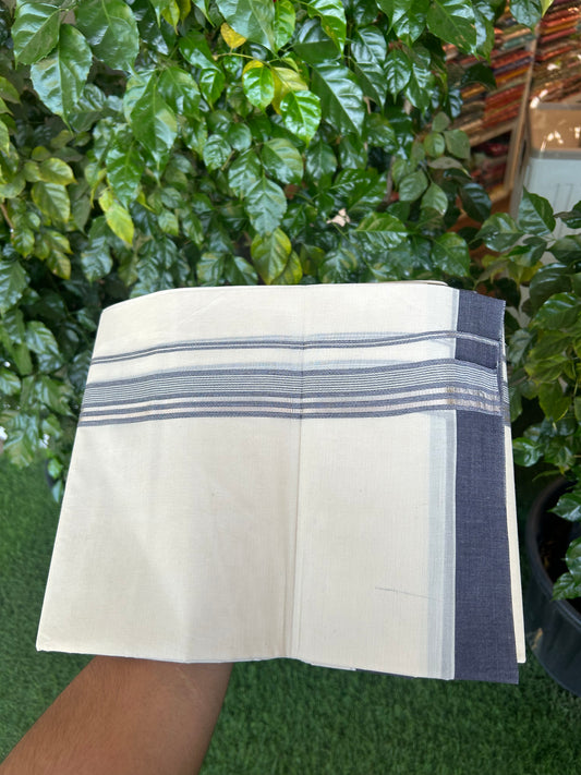 20% Discount ! KaithariKada Balaramapuram 100% Cotton Double Off White (unbleached) Mundu/Dhoti - 100x80 - 1.5 inch Silver Kasav & Navy Blue Striped Kara 4 mtr (8.5 muzham) - 154 KK5361 PMC