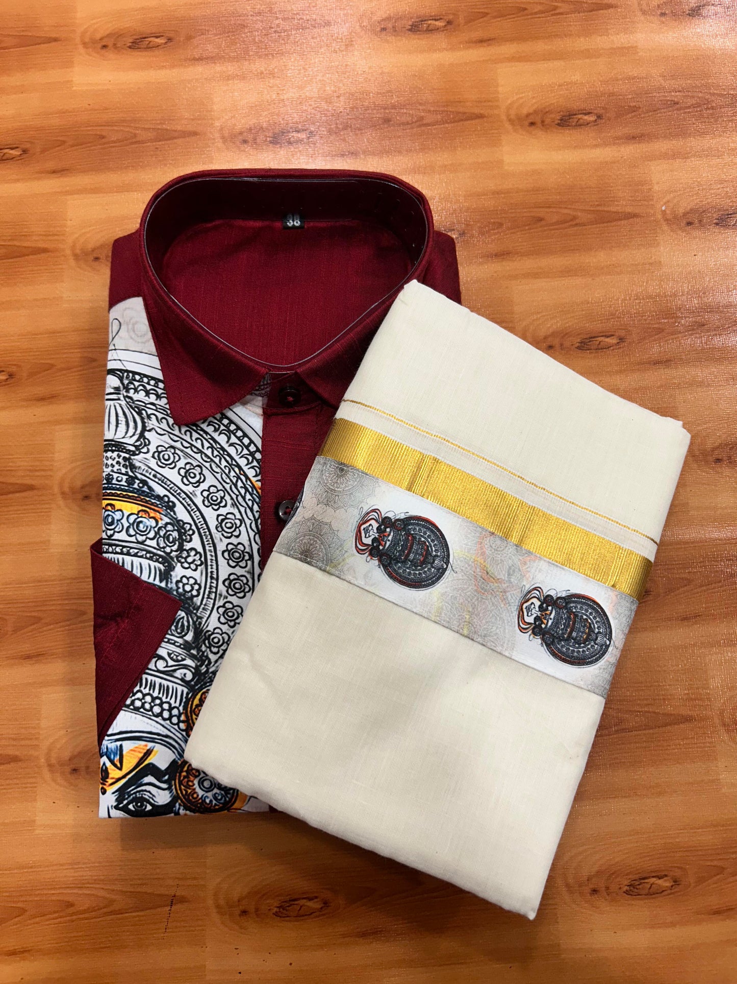 Combo Shirt Mund Mixed cotton - Half Sleeve - KaithariKada - Maroon Kadhakali Printed Design - 9 KK5447 ARU