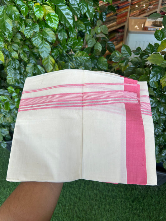 20% Discount ! KaithariKada Balaramapuram 100% Cotton Double Off White (unbleached) Mundu/Dhoti - 100x80 - 1.5 inch Silver Kasav & Pink Striped Kara 4 mtr (8.5 muzham) - 156 KK5361 PMC