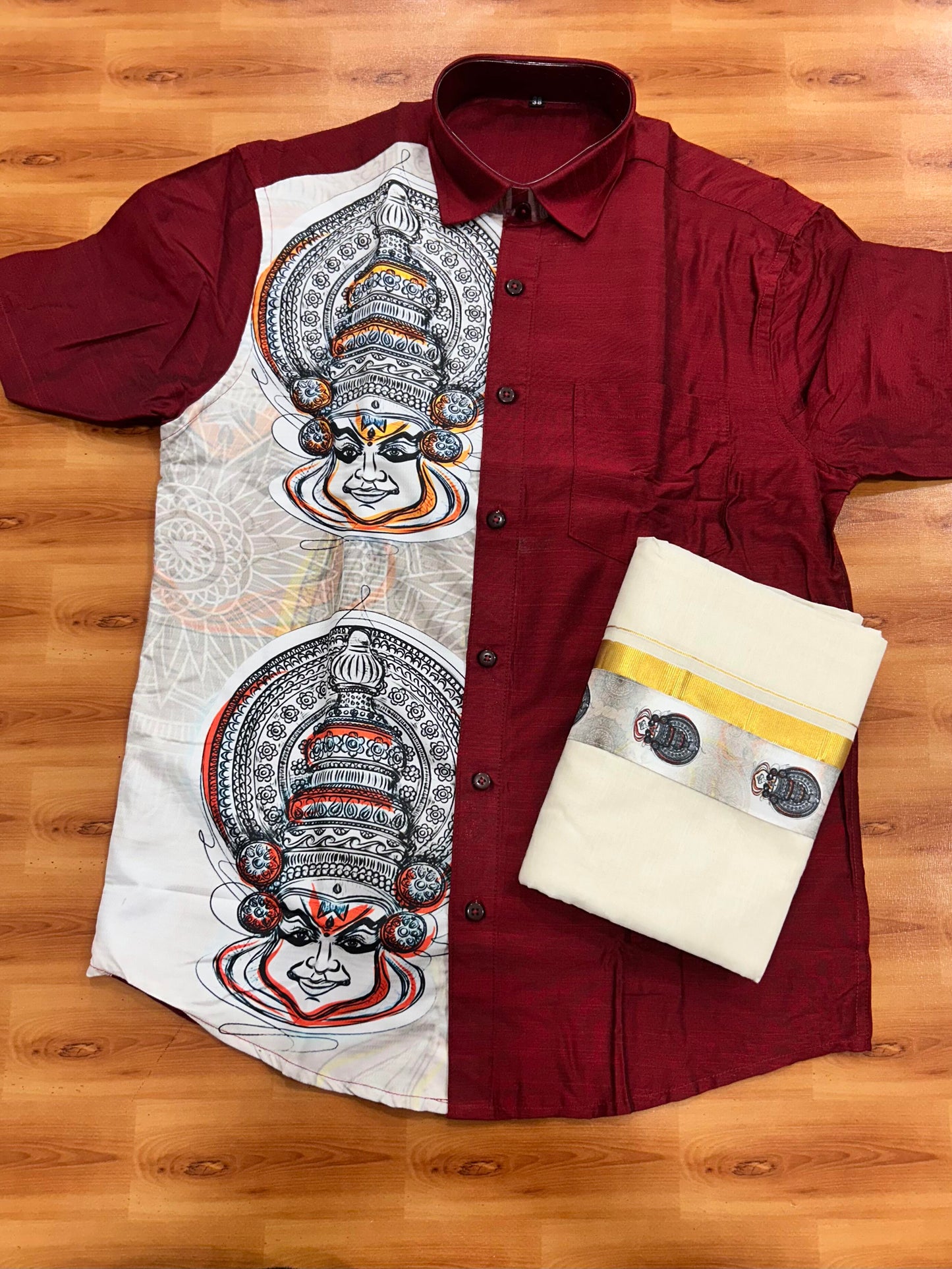 Combo Shirt Mund Mixed cotton - Half Sleeve - KaithariKada - Maroon Kadhakali Printed Design - 9 KK5447 ARU