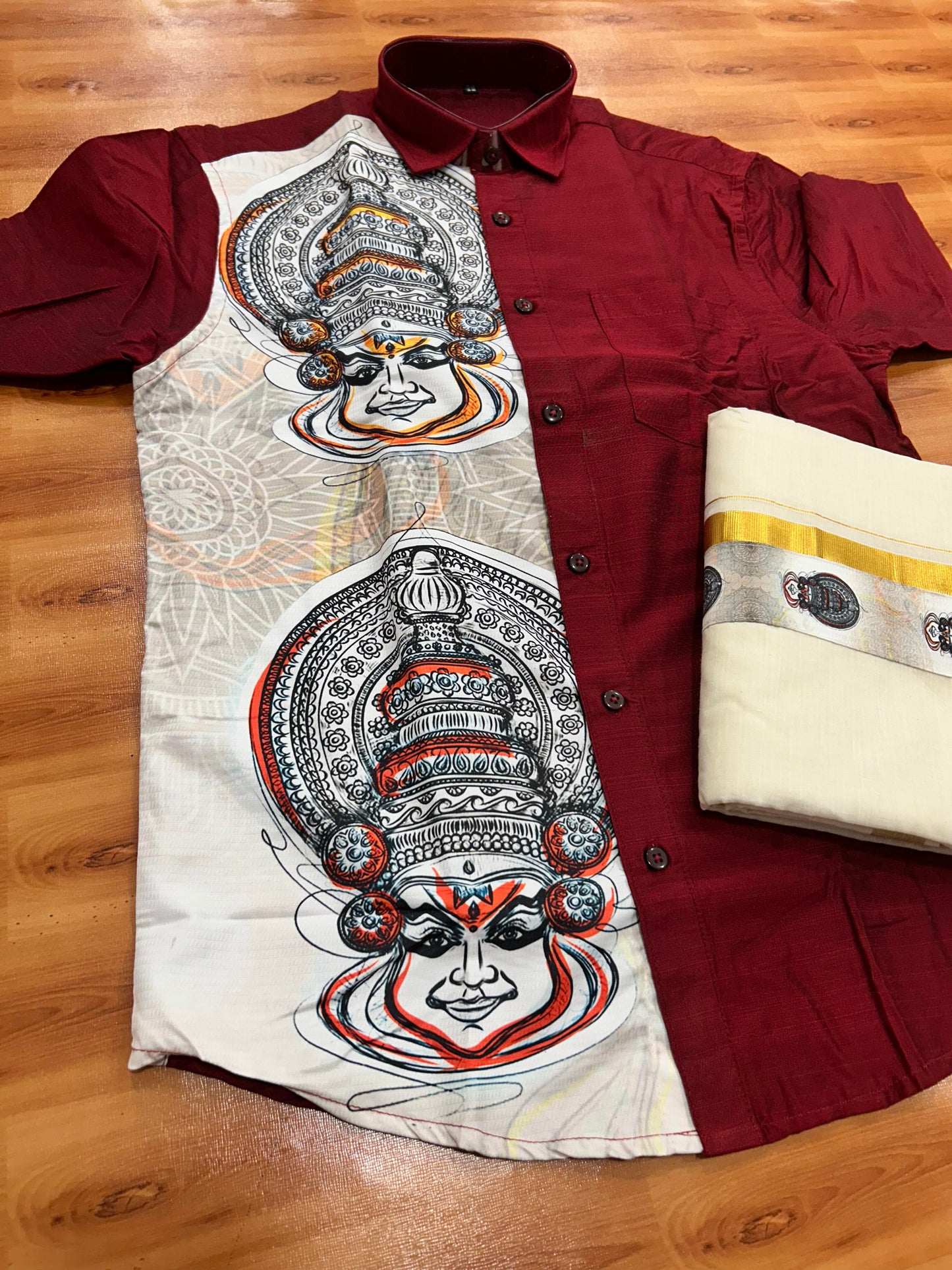 Combo Shirt Mund Mixed cotton - Half Sleeve - KaithariKada - Maroon Kadhakali Printed Design - 9 KK5447 ARU