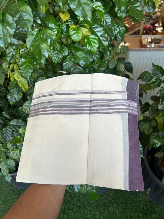 20% Discount ! KaithariKada Balaramapuram 100% Cotton Double Off White (unbleached) Mundu/Dhoti - 100x80 - 1.5 inch Silver Kasav & Wine Purple Striped Kara 4 mtr (8.5 muzham) - 152 KK5361 PMC