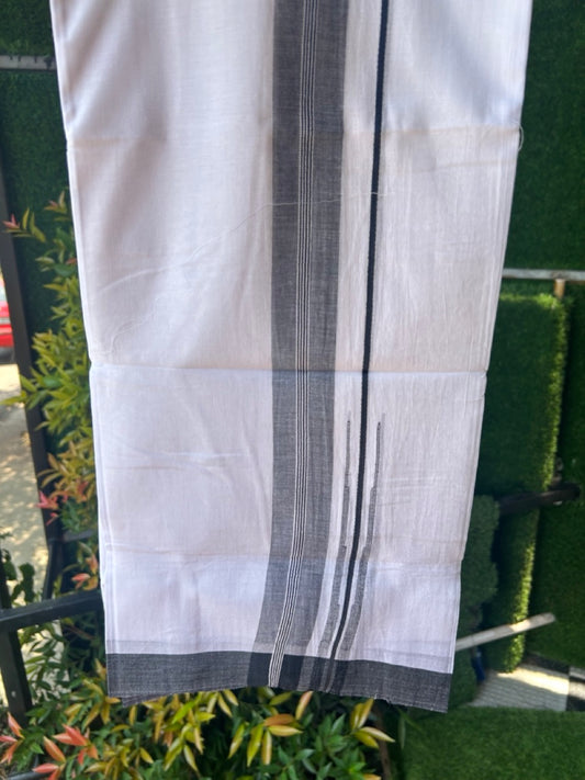 25% DISCOUNT!!! KaithariKada Balaramapuram 100% Cotton DOUBLE PURE WHITE Mundu/Dhoti - 80X80 - 1.5 Inch Black & White Shaded Centre Stripes Chutty kara - 29KK5171GAN