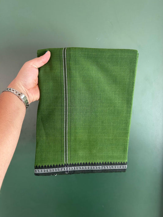 Premium Kathar Type Mund Pure cotton - Kaitharikada - Single Kaily / Lungi - 1 inch White & Black Stripes Kara kuppadam Border with Green colour body (2 meter / 4 muzham) - 19 KK8079 MUT