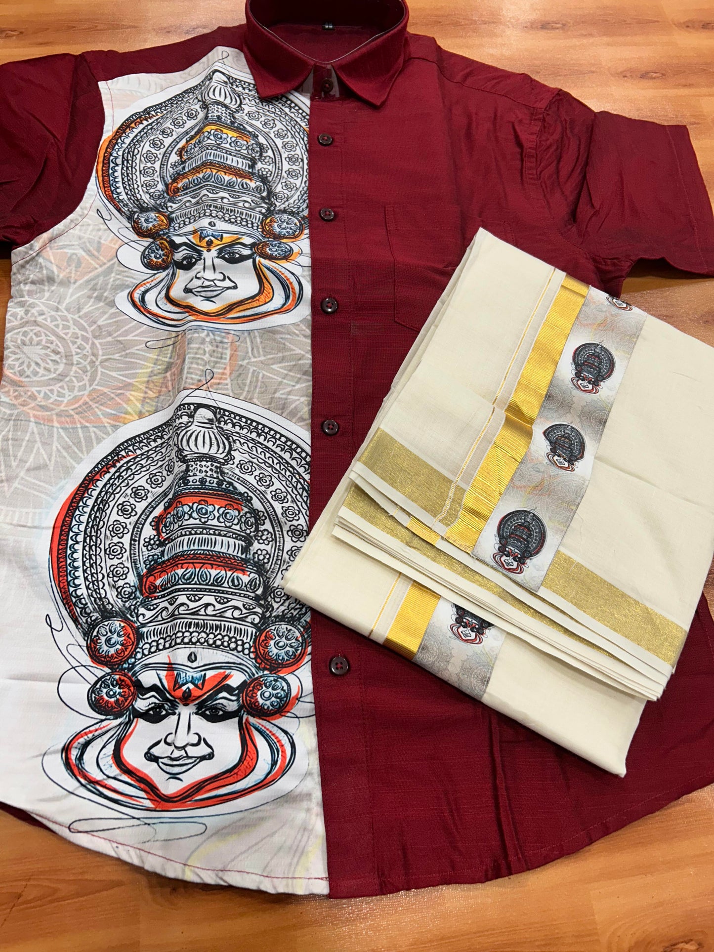 Combo Shirt Mund Mixed cotton - Half Sleeve - KaithariKada - Maroon Kadhakali Printed Design - 9 KK5447 ARU