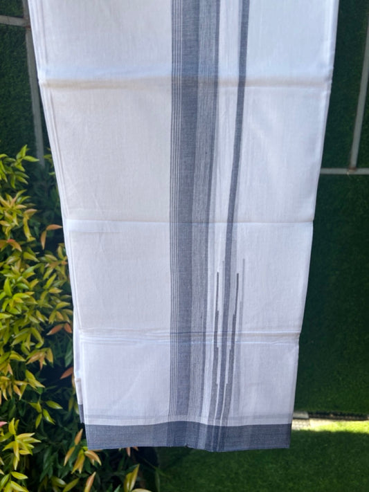 25% DISCOUNT!!! KaithariKada Balaramapuram 100% Cotton DOUBLE PURE WHITE Mundu/Dhoti - 80X80 - 1.5 Inch Steel Blue & White Shaded Side Stripes Chutty kara - 28KK5171GAN