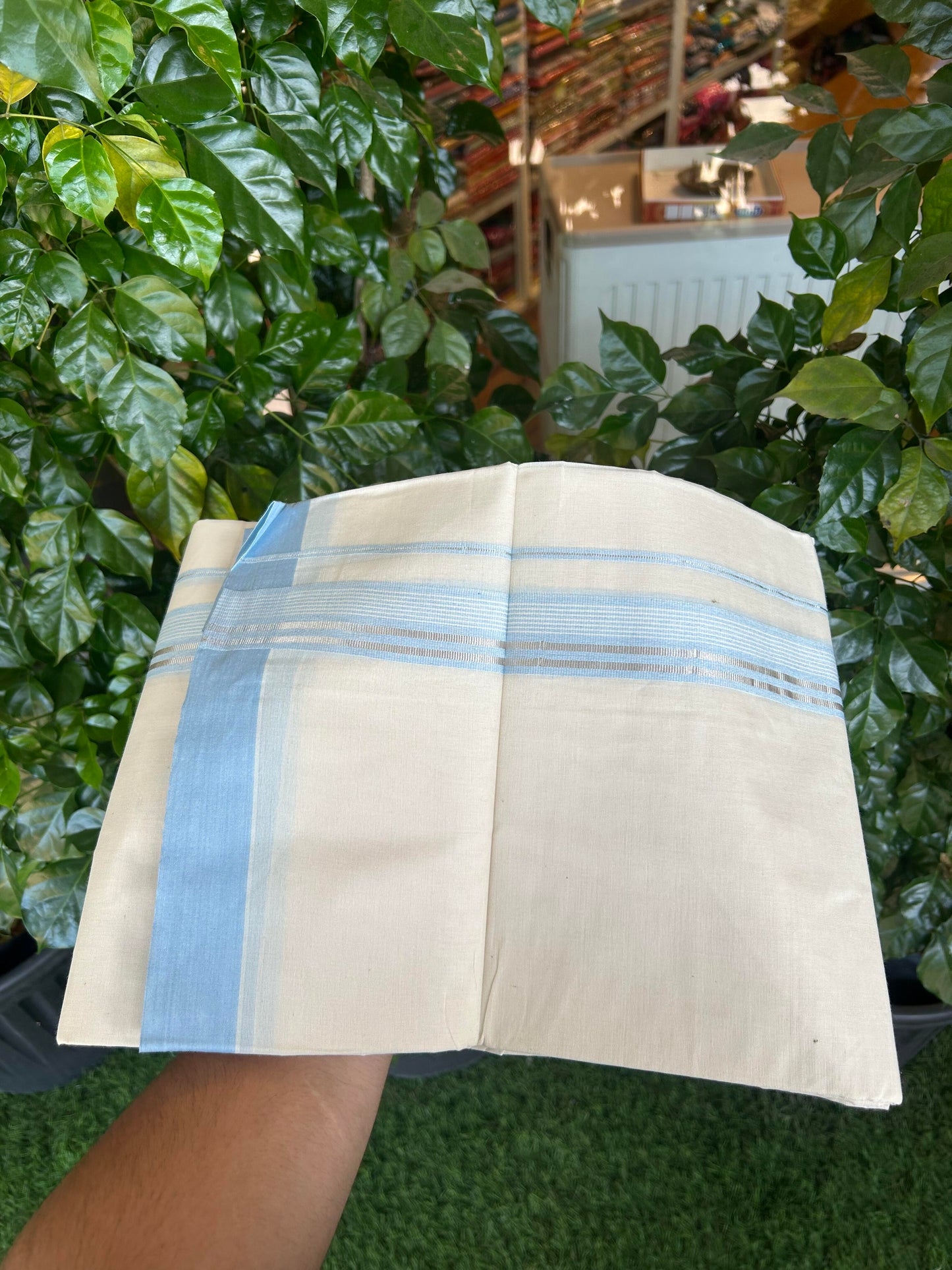 20% Discount ! KaithariKada Balaramapuram 100% Cotton Double Off White (unbleached) Mundu/Dhoti - 100x80 - 1.5 inch Silver Kasav & Sky Blue Striped Kara 4 mtr (8.5 muzham) - 146 KK5361 PMC