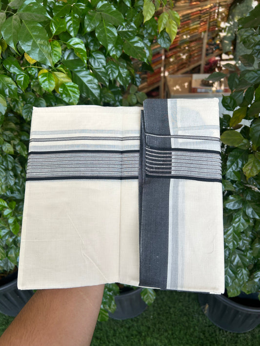 20% Discount! KaithariKada Balaramapuram Pure Cotton Double Off White Mundu/Dhoti - 100x80 - 1.75 Inch Silver Kasav & Black Stripes Kara 4 mtr (8.5 Muzham) -179 KK5361 PMC