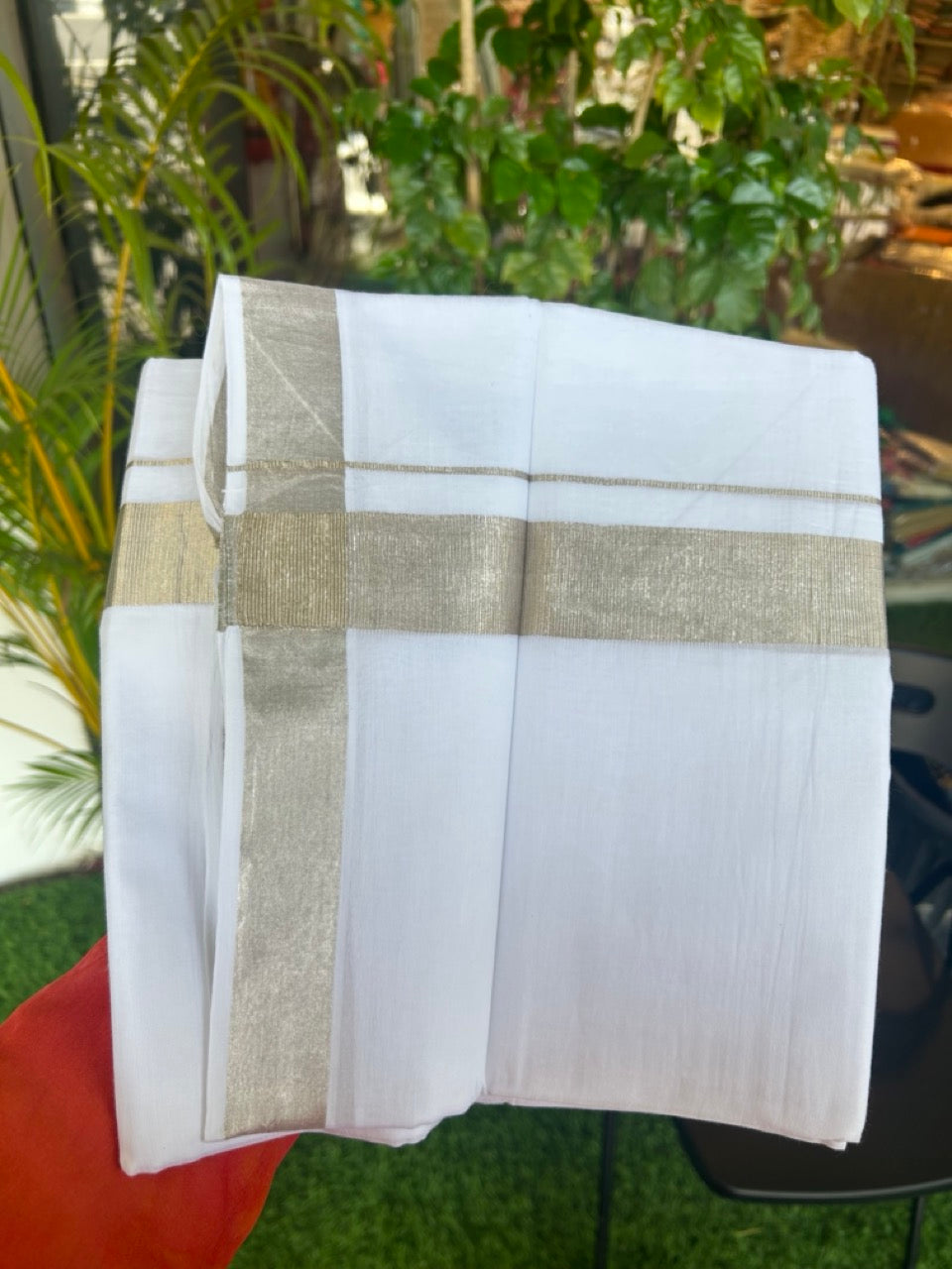 23% DISCOUNT! KaithariKada Balaramapuram 100% Cotton DOUBLE PURE WHITE Mundu/Dhoti - 100x80 - 1.25 inch Silver Kasavu Kara - 23KK5171GAN
