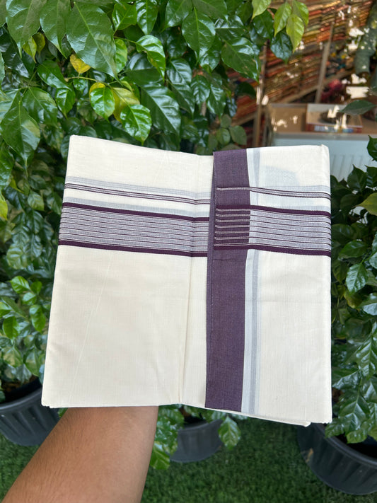 20% Discount! KaithariKada Balaramapuram Pure Cotton Double Off White Mundu/Dhoti - 100x80 - 1.75 Inch Silver Kasav & Wine Stripes Kara 4 mtr (8.5 Muzham) - 178 KK5361 PMC