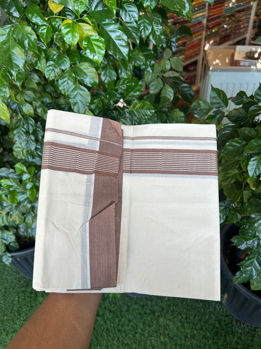 20% Discount !! KaithariKada Balaramapuram Double Off White (Unbleached) Mundu/Dhoti - 100x80 - 1.5 inch Brown & Silver Striped kara 4 mtr (8.5 muzham) -172 KK5361 PMC