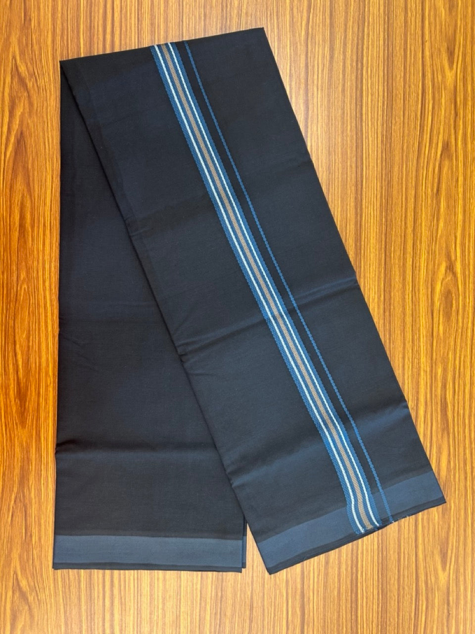 18% Discount!!! Kaitharikada Pure Cotton - Single Kaily / Lungi - 3 cm Blue & white stripes pattern kara with Black colour body  (2 meter / 4 muzham) - 1KK8018GAN