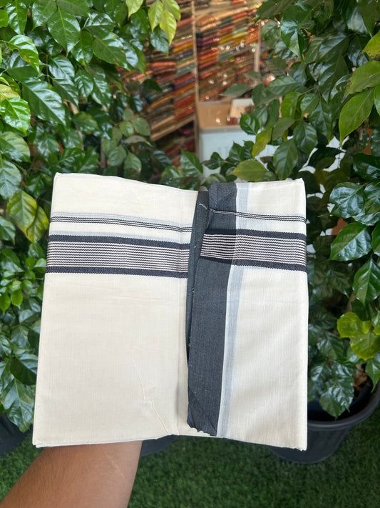 20% Discount !! KaithariKada Balaramapuram Double Off White (Unbleached) Mundu/Dhoti - 100x80 - 1.5 inch Black & Silver Striped kara 4 mtr (8.5 muzham) - 176 KK5361 PMC