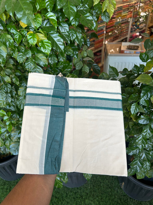 20% Discount !! KaithariKada Balaramapuram Double Off White (Unbleached) Mundu/Dhoti - 100x80 - 1.5 inch Green & Silver Striped kara 4 mtr (8.5 muzham) - 173 KK5361 PMC