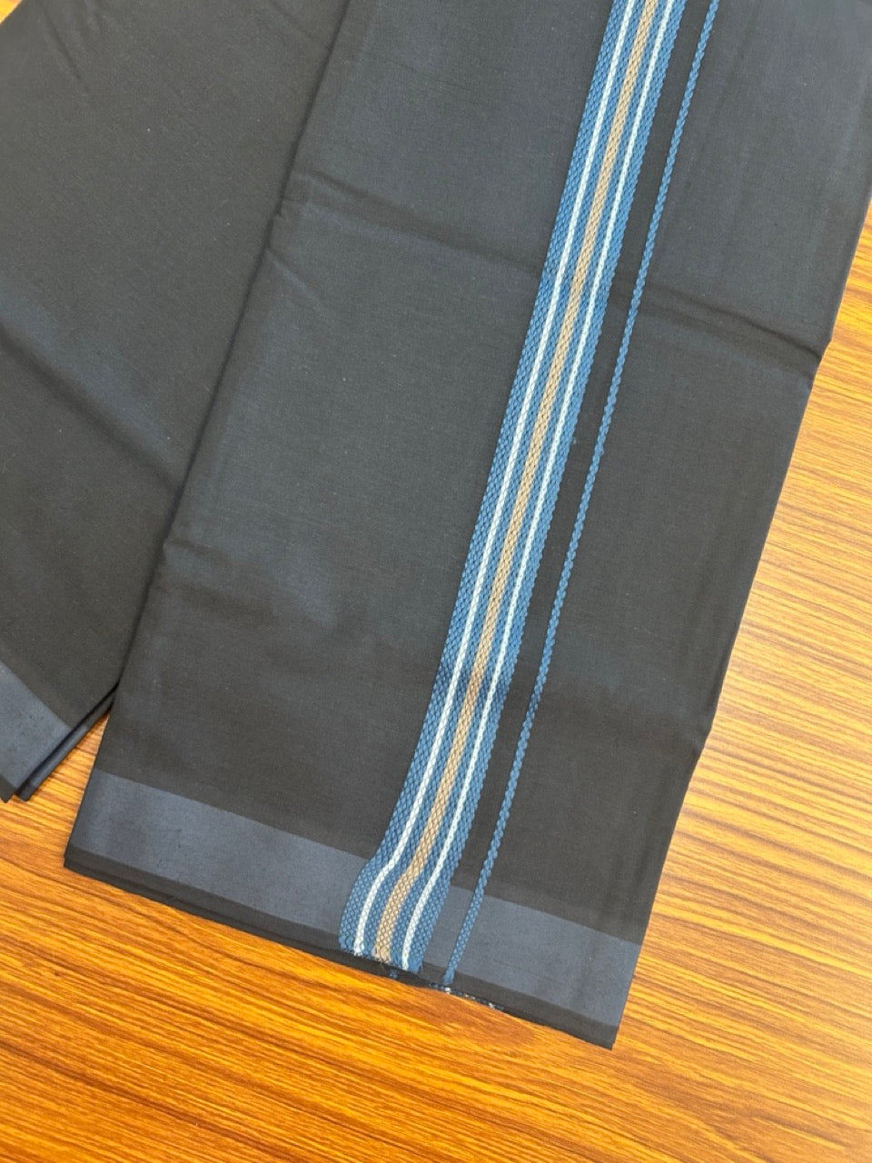 18% Discount!!! Kaitharikada Pure Cotton - Single Kaily / Lungi - 3 cm Blue & white stripes pattern kara with Black colour body  (2 meter / 4 muzham) - 1KK8018GAN