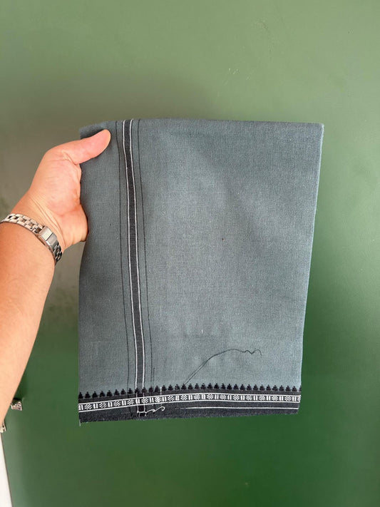 Premium Kathar Type Mund Pure cotton - Kaitharikada - Single Kaily / Lungi - 1 inch White & Black Stripes Kara kuppadam Border with Steel Grey colour body (2 meter / 4 muzham) - 23 KK8079 MUT
