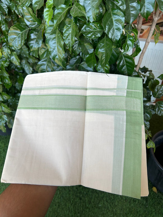 20% Discount !! KaithariKada Balaramapuram Double Off White (Unbleached) Mundu/Dhoti - 100x80 - 1.5 inch Pista Green & Silver Striped kara 4 mtr (8.5 muzham) - 174 KK5361 PMC
