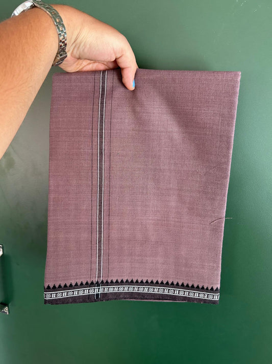 Premium Kathar Type Mund Pure cotton - Kaitharikada - Single Kaily / Lungi - 1 inch White & Black Stripes Kara kuppadam Border with Dusty Mauve colour body (2 meter / 4 muzham) - 24 KK8079 MUT
