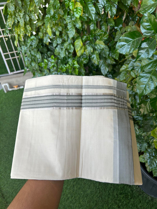 20% Discount ! Kaitharikada Balaramapuram 100% Pure Cotton Double Off white (Unbleached) Mundu/Dhoti - 100x80 - 1.75 inch Silver Kasav & Ash grey Stripes Kara 4 mtr (8.5 muzham) - 51 KK5361 PMC