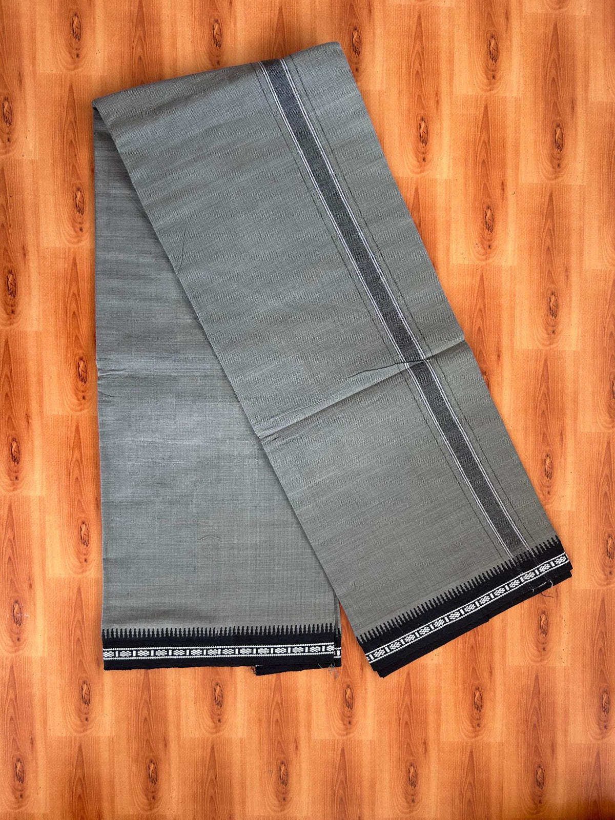 Premium Kathar Type Mund Pure cotton - Kaitharikada - Single Kaily / Lungi - 1 inch White & Black Stripes Kara kuppadam Border with Dusty Grey colour body (2 meter / 4 muzham) - 25 KK8079 MUT