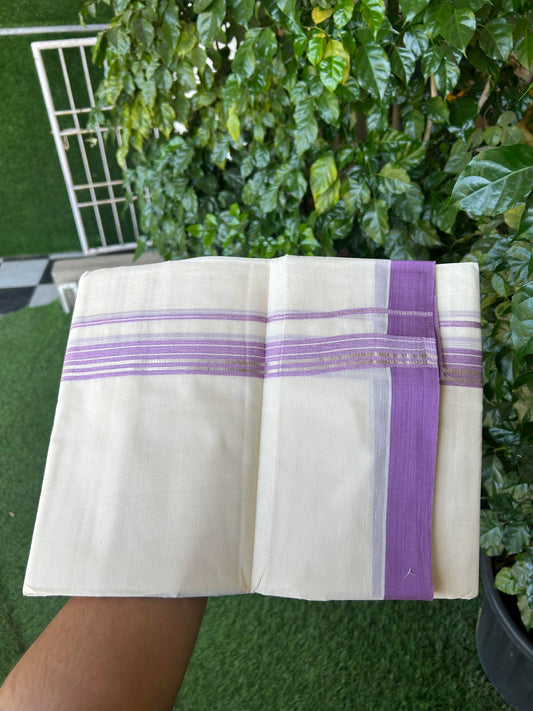 20% Discount ! KaithariKada Balaramapuram 100% Cotton Double Off White (unbleached) Mundu/Dhoti - 100x80 - 1.5 inch Silver Kasav & Pearly Lavender Striped Kara 4 mtr (8.5 muzham) - 151 KK5361 PMC