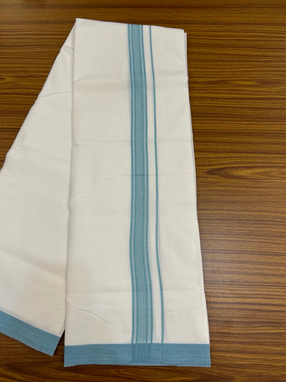 Single Pure white - Kaitharikada 100% Cotton 40s Thread Mundu / Dothi - 1.25 inch Light Sea Blue Stripes Kara (2 meters / 4 mulam) - 1 KK5286 KAI