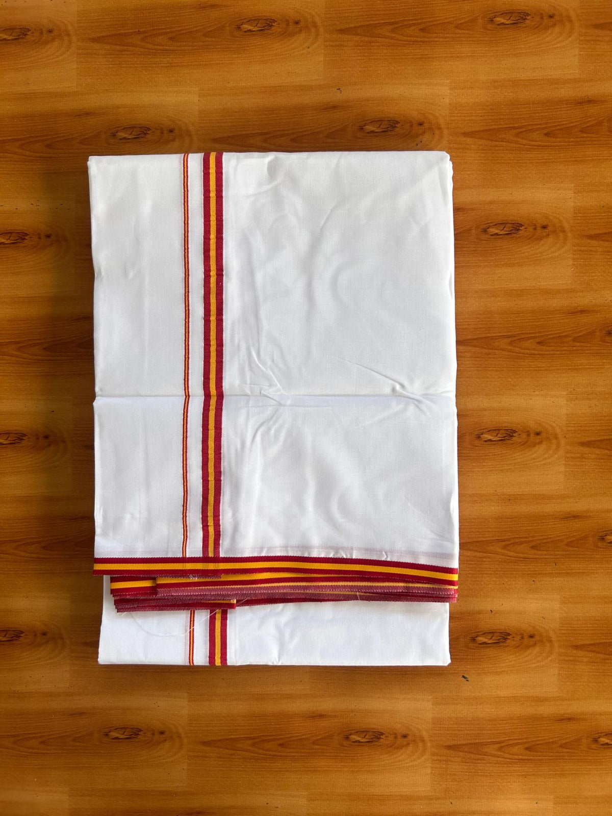 Tvk Veshti Double Pure White - 35% Discount ! KaithariKada Pulimood 100% Cotton Mill Bleached Mundu / Dhoti - 100x100 - 0.5 inch Maroon & Yellow kara 4 mtr (8.5 muzham) - 1 KK5554 KBF