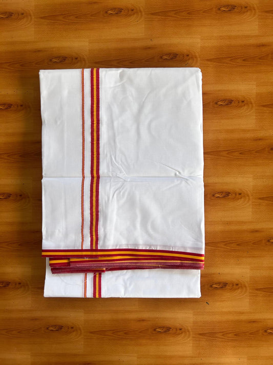 Tvk Veshti Double Pure White - 35% Discount ! KaithariKada Pulimood 100% Cotton Mill Bleached Mundu / Dhoti - 100x100 - 0.5 inch Maroon & Yellow kara 4 mtr (8.5 muzham) - 1 KK5554 KBF