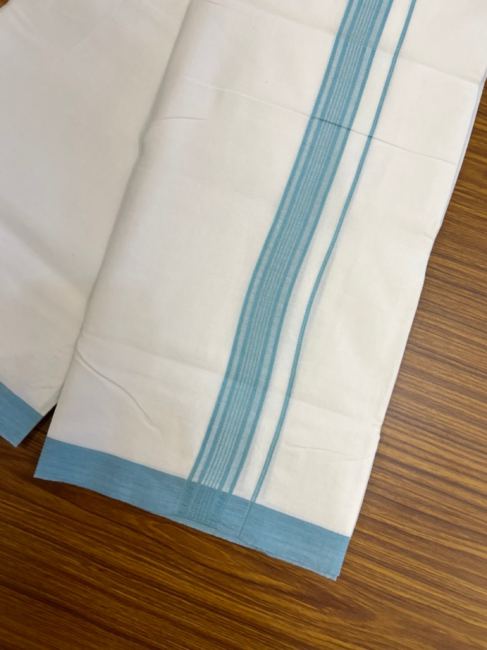 Single Pure white - Kaitharikada 100% Cotton 40s Thread Mundu / Dothi - 1.25 inch Light Sea Blue Stripes Kara (2 meters / 4 mulam) - 1 KK5286 KAI
