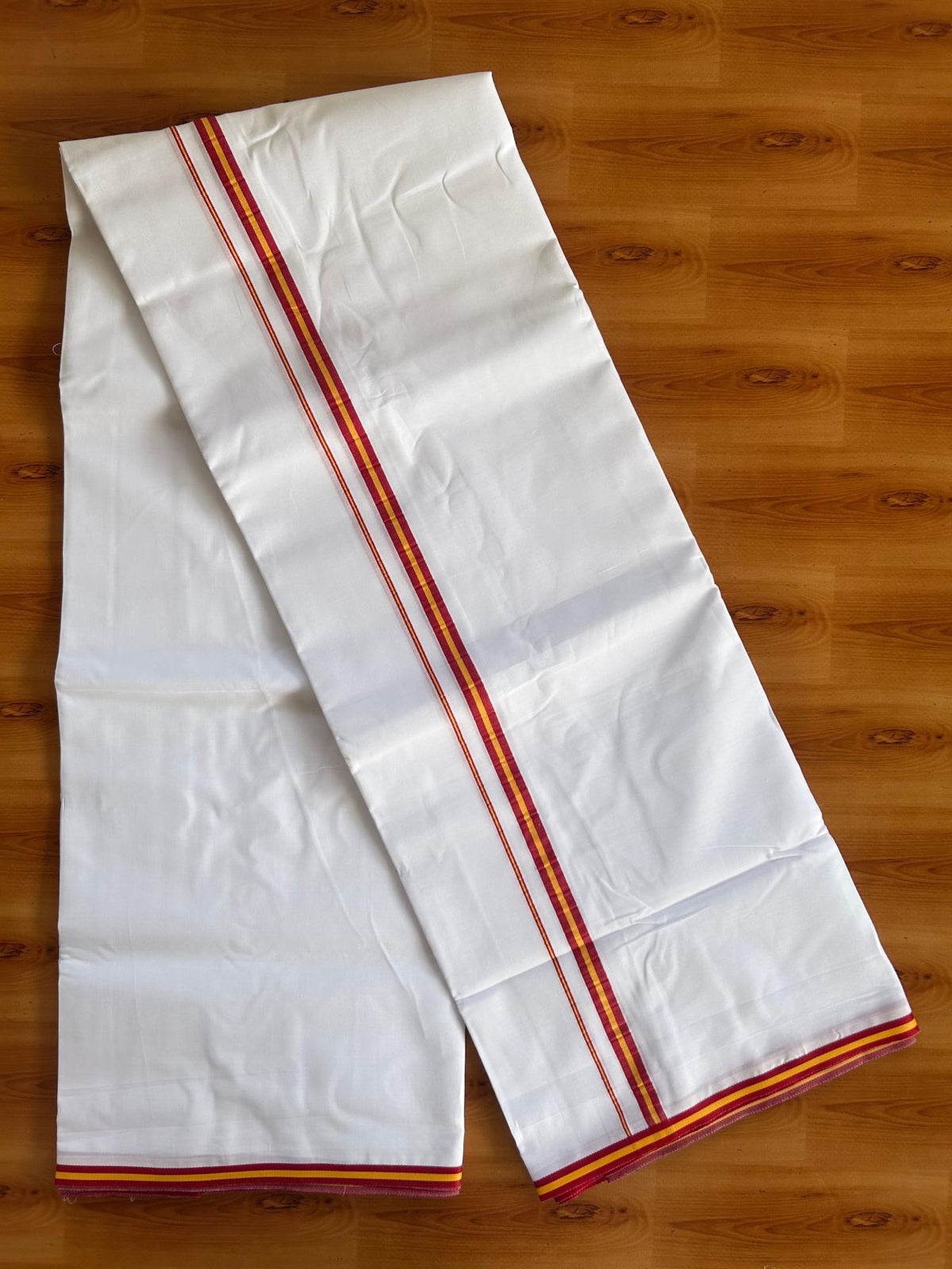 Tvk Veshti Double Pure White - 35% Discount ! KaithariKada Pulimood 100% Cotton Mill Bleached Mundu / Dhoti - 100x100 - 0.5 inch Maroon & Yellow kara 4 mtr (8.5 muzham) - 1 KK5554 KBF