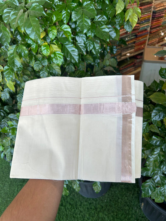 19% Discount! KaithariKada Balaramapuram Double Off White - (Unbleached) Mundu/Dhoti - Cotton mix - 60s - 1 inch Light Rose Pink kasavu Kara 4 mtr (8.5 Muzham) -199 KK5361 PMC