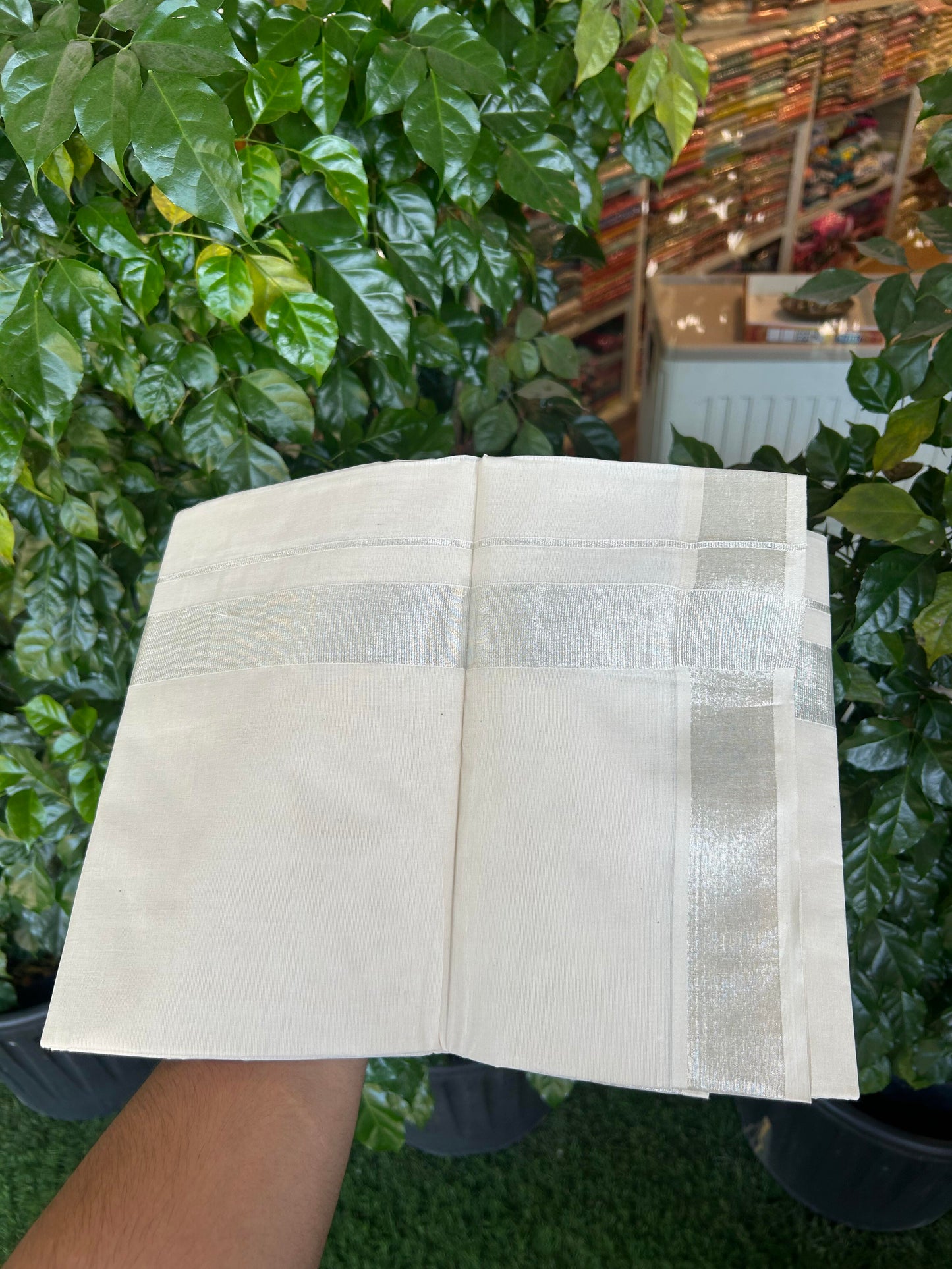 20% Discount! KaithariKada Balaramapuram Pure Cotton Double Off White Mundu/Dhoti - 100x80 - 1.5 Inch Silver Kasav Kara 4 mtr (8.5 Muzham) - 177 KK5361 PMC