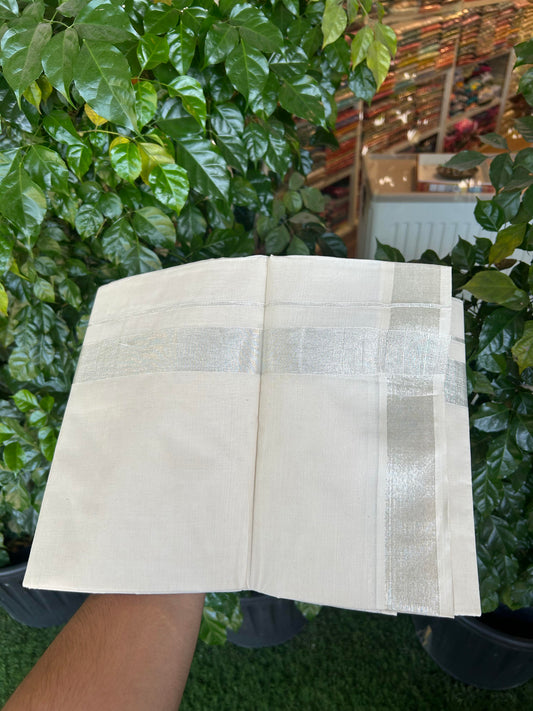 20% Discount! KaithariKada Balaramapuram Pure Cotton Double Off White Mundu/Dhoti - 100x80 - 1.5 Inch Silver Kasav Kara 4 mtr (8.5 Muzham) - 177 KK5361 PMC