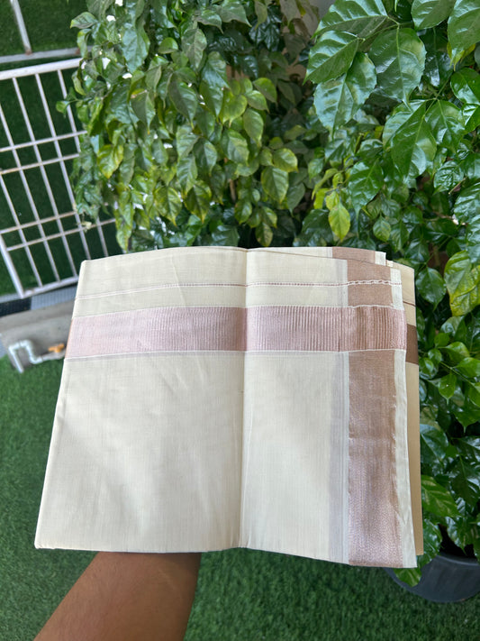 19% Discount! KaithariKada Balaramapuram Double Off White - (Unbleached) Mundu/Dhoti - Cotton mix - 60s - 1.75 inch Light Rose Pink kasavu Kara 4 mtr (8.5 Muzham) - 200 KK5361 PMC