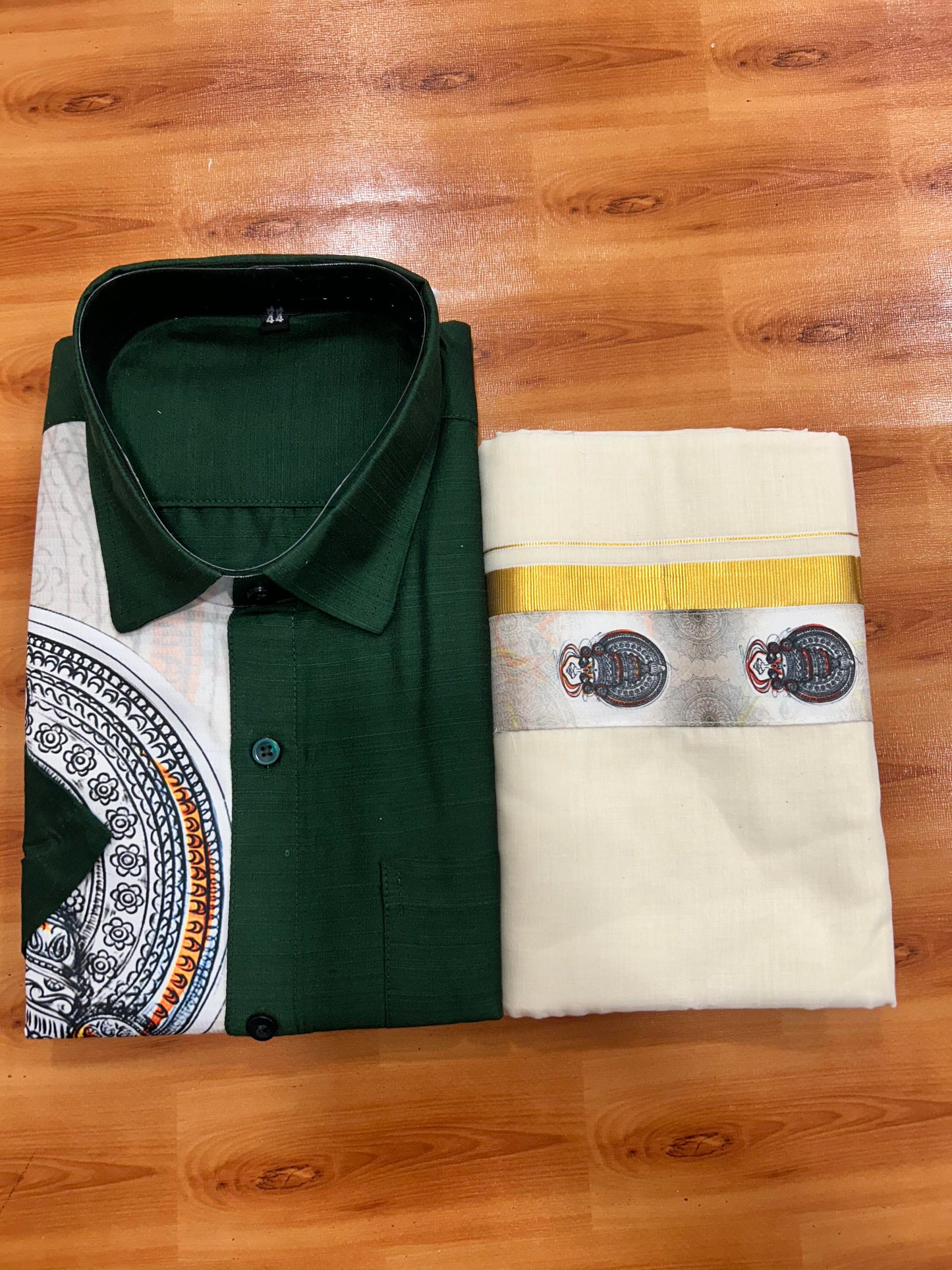 Combo Shirt Mund Mixed cotton - Half Sleeve - KaithariKada - Green Kadhakali Printed Design - 10 KK5447 ARU