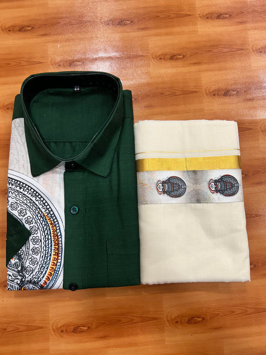 Combo Shirt Mund Mixed cotton - Half Sleeve - KaithariKada - Green Kadhakali Printed Design - 10 KK5447 ARU