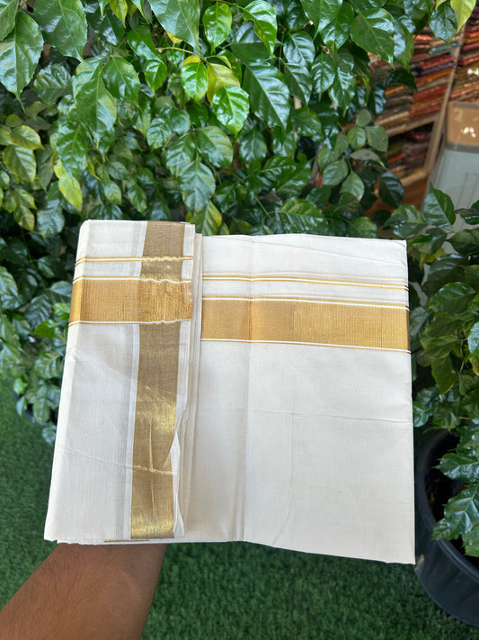 20% Discount! Kaitharikada Balaramapuram 100% Cotton Off White Double Mundu/Dothi  - 100x80 - 1.5 Inch Gold Kasav striped Kara 4 mtr (8.5 muzham)  - 198 KK5361 PMC