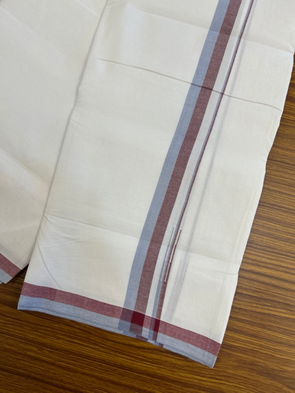 SIGNATURE KAITHARIKADA EXCLUSIVE SINGLE DHOTI - 25% Discount!!  100% Cotton Balaramapuram HANDLOOM Single Mundu/Dhoti - Pure White - 1 inch Lavender Blue & Maroon Puliyilakkara chutty (2 meters /4 muzham) - 4 KK5286 KAI