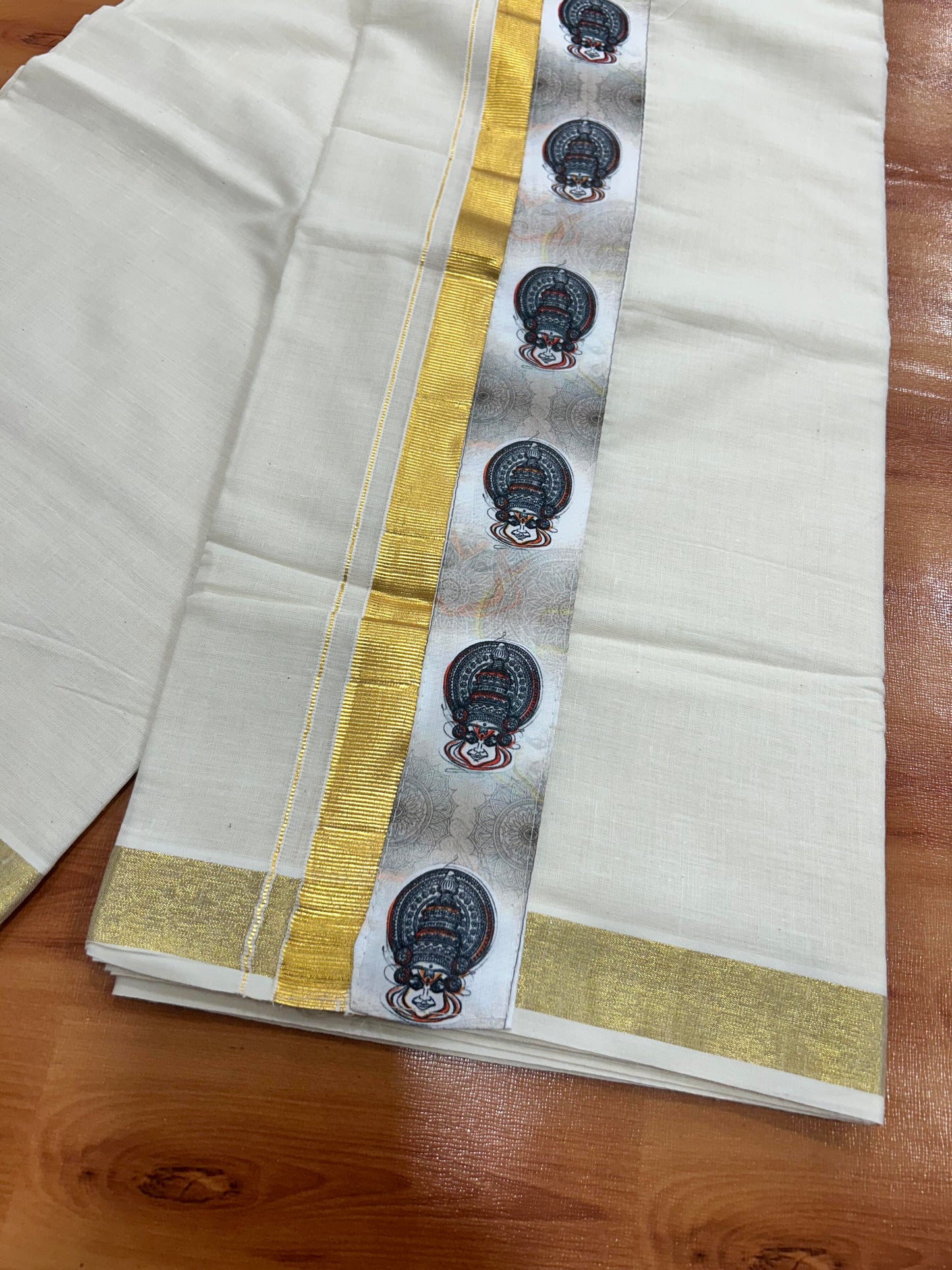 Combo Shirt Mund Mixed cotton - Half Sleeve - KaithariKada - Green Kadhakali Printed Design - 10 KK5447 ARU