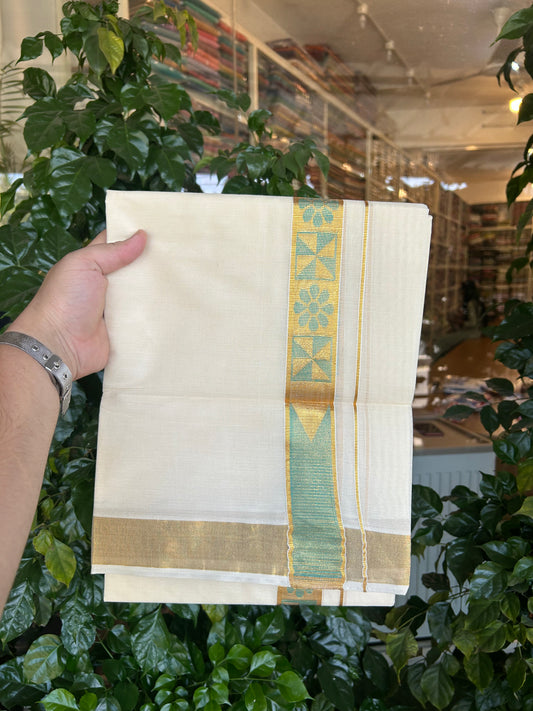 20% Discount! KaithariKada Balaramapuram Double Off White - (Unbleached) Mund/Dhoti - Mixed Cotton (80s) - 1.5 inch Kasav Turquoise Green Jacquard design chutty Kara 4.00 mtr (8.5 Muzham) - 203 KK5361 PMC
